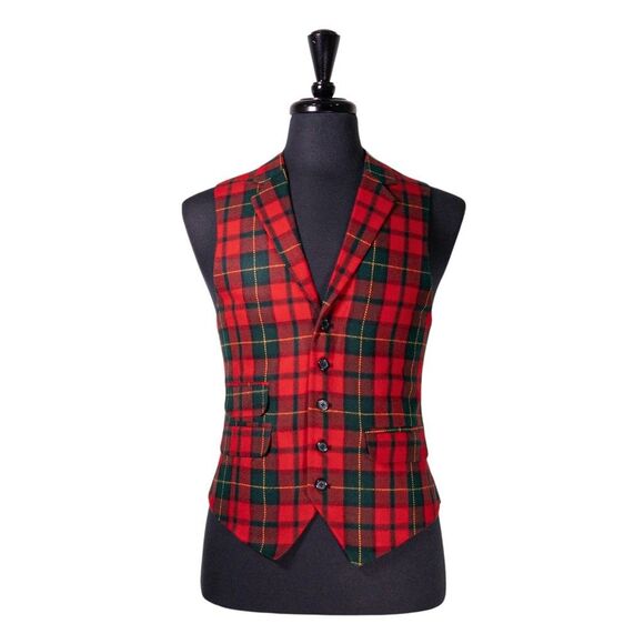 Mens Vest 40R Tartan Plaid Red Green Wool Waistcoat Formal Wedding Christmas - Picture 1 of 9